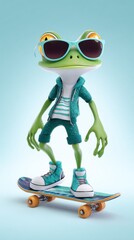 Obraz premium Cyberpunk Frog: Hyper-Realistic Kermit in Urban Streetwear | Skateboarding, Snowboarding & Surfing in Cityscapes