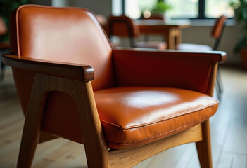 Enhance your living room or office with this stylish mid-century modern armchair, featuring warm orange leather upholstery and a classic wooden frame for timeless comfort.
