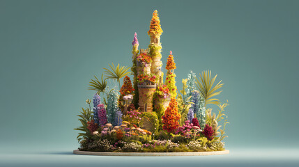 3d cartoon Of a miniature castle made of flowers