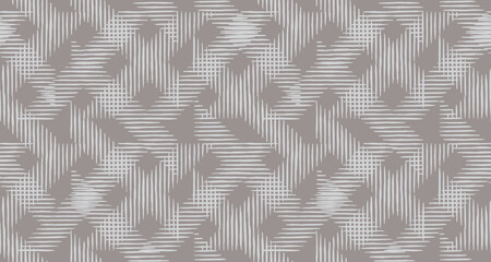 Hand drawn abstract white criss-cross grid dashed lines seamless pattern, Japanese and ethnic wood carving, basketry, interwoven texture background, minimal graphic for textile, decoration, carpet