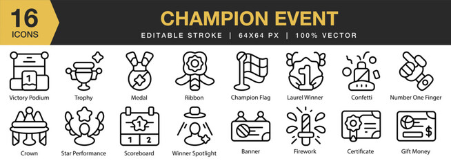 Champion Event icon set. Editable Stroke Icon Collection. Includes event, champion, game, sport, championship, and More. Outline icons vector collection.
