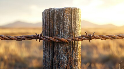 Rustic wooden fence post with rusty barbed wire at sunrise