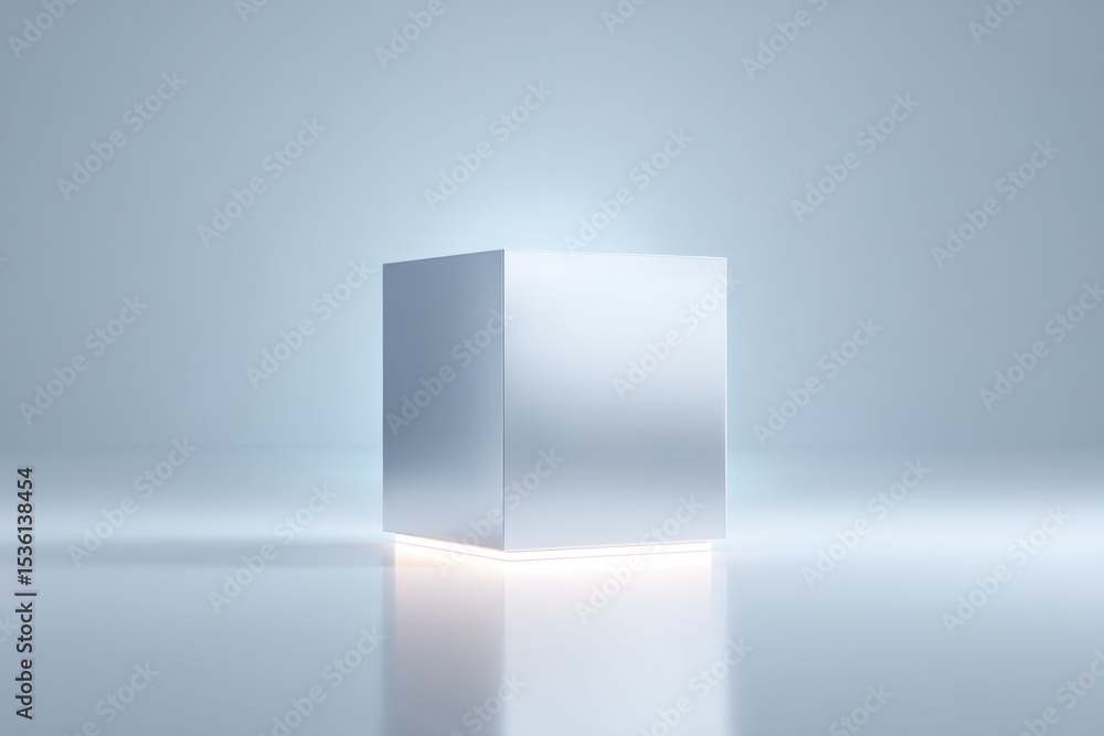 Poster modern minimalistic podium with reflective surface stands empty under soft diffused light
