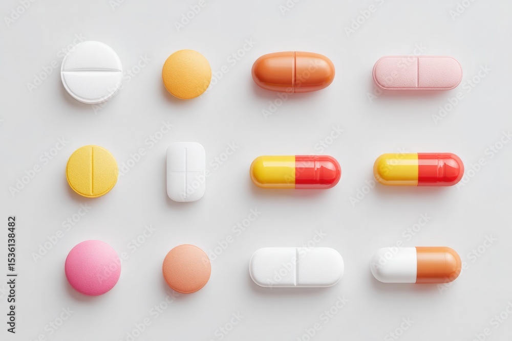 Poster neat and minimalistic display of assorted modern pharmaceuticals with ample copy space
