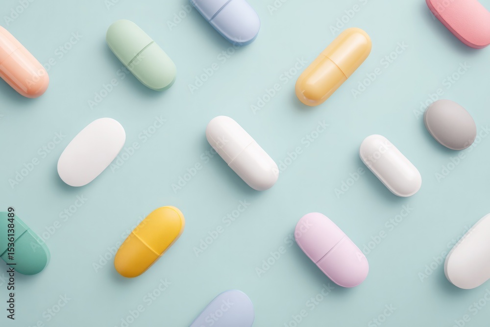 Poster neat and minimalistic display of assorted modern pharmaceuticals with ample copy space