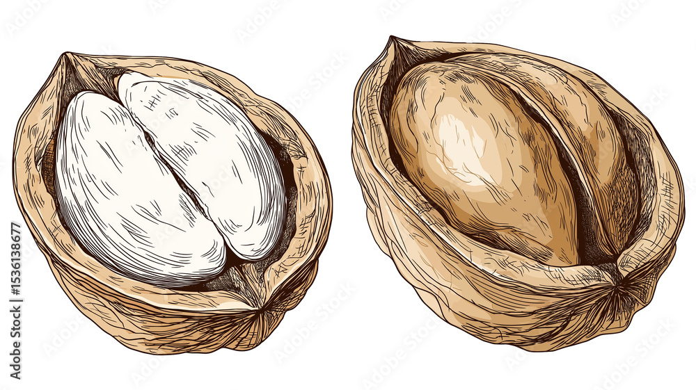 Poster two walnut halves are illustrated in fine line art style, showcasing detailed textures and natural c