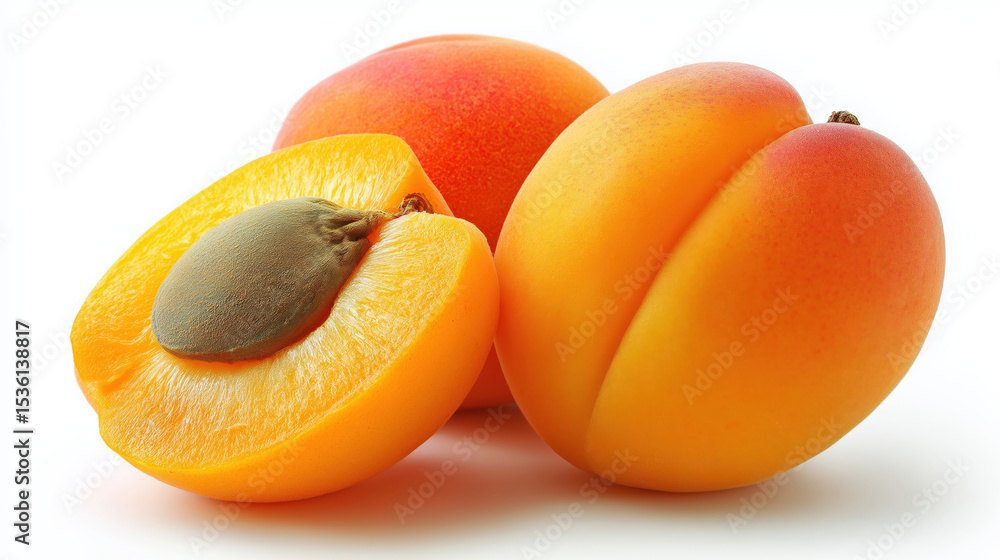 Poster three ripe apricots with vibrant orange tones are displayed, one cut in half revealing seed inside. 