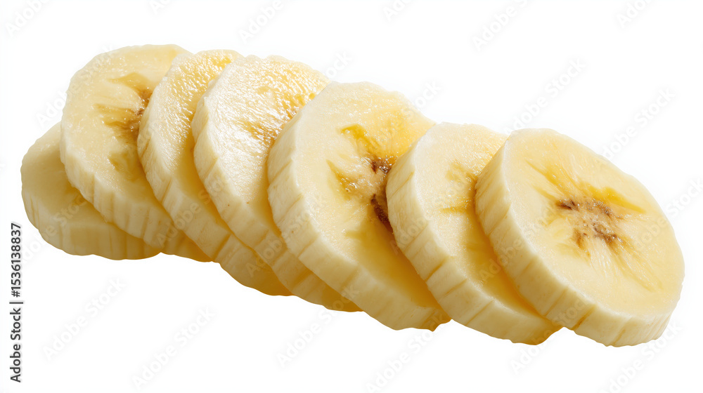 Poster Slices of fresh banana arranged in neat row, showcasing their creamy texture and inviting appearance. Perfect for healthy snacks or adding to breakfast dishes