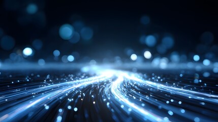 Abstract depiction of fiber optic cables with glowing blue light trails against a dark background.