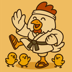 Fototapeta premium A happy cartoon chicken teaches kung fu to tiny chicks, striking a pose on one foot. It wears a white robe and traditional sandals, adding to its adorable and funky charm.