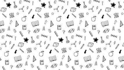 Seamless pattern background with school supplies and science elements in black and white design