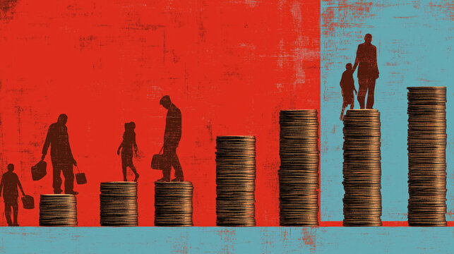 Economic inequality is depicted through silhouettes climbing stacks of coins, symbolizing financial disparity and social mobility challenges. contrasting red and blue background highlights divide
