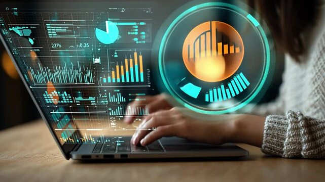 Analyzing Data: A person intensely focused on data analysis, represented by a laptop interface with visual data charts. The scene is lit by the soft glow of technology.