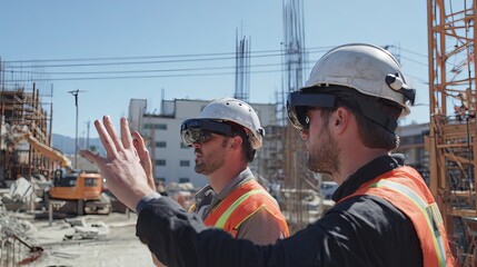 woman engineer at sunset viewing construction site progress with AR glasses