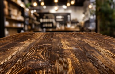 Dark brown wooden table top, out-of-focus cafe background