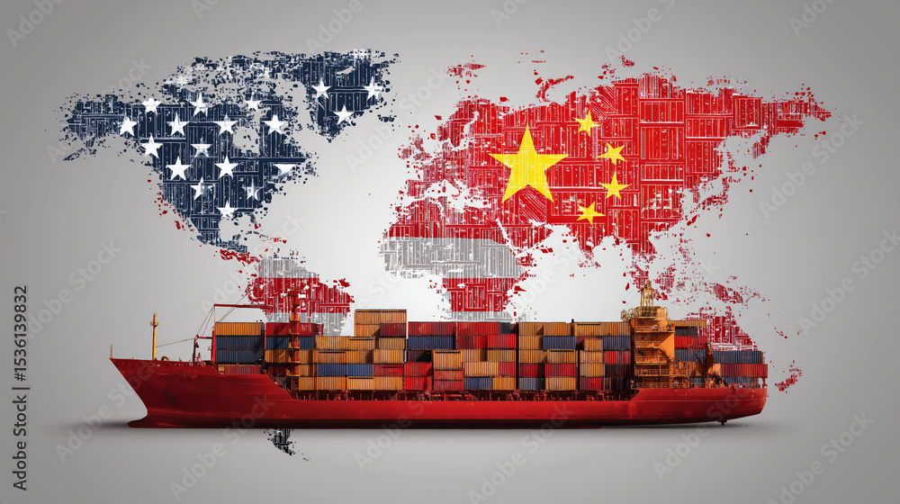 Poster cargo ship loaded with containers is set against world map featuring usa and china, symbolizing glob