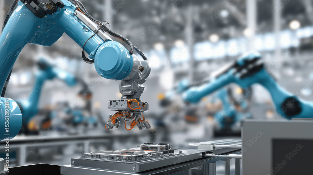 Poster Robotic arms in modern factory setting are assembling electronic components with precision and efficiency. advanced technology highlights automation in manufacturing industry