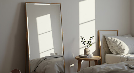 Sunlit Minimalist Bedroom with Full-Length Mirror and Eucalyptus Sprig