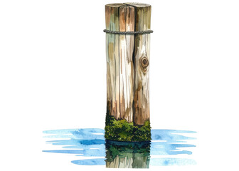 A watercolor illustration depicting a weathered wooden mooring post with a rope, partially submerged in calm blue water. Ideal for nautical themes.