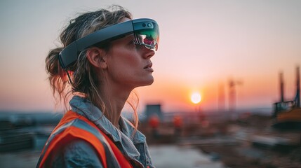woman engineer at sunset viewing construction site progress with AR glasses