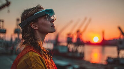 woman engineer at sunset viewing construction site progress with AR glasses