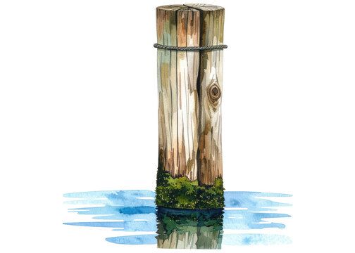 A watercolor illustration depicting a weathered wooden mooring post with a rope, partially submerged in calm blue water. Ideal for nautical themes.