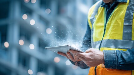 worker inspecting rebar grid while holding clipboard 