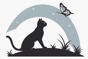 Curious Companions: Cat and Butterfly Silhouettes in Harmony