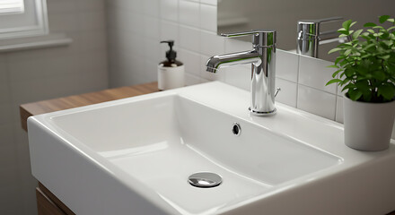 Modern Minimalist Bathroom Sink with Chrome Faucet and Herb Plant