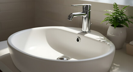 Fototapeta premium Modern Oval Bathroom Sink with Chrome Faucet and Sunlight