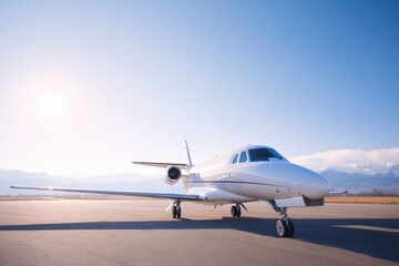 sleek private jet perched on tranquil runway with clear blue sky above