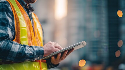 worker inspecting rebar grid while holding clipboard 