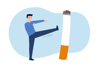 World No Tobacco Day poster design. Man kicking cigarette defines to a man is fighting to quit smoking. Stop smoking poster for disease warning. No smoking banner.