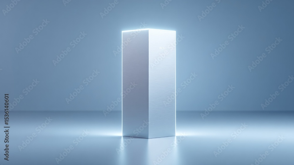 Poster solitary empty podium with sleek mirror-like surface reflects ambient light within minimalist setup