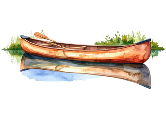 A beautiful watercolor illustration of a traditional wooden canoe with a paddle resting inside, gently floating on calm water with a subtle reflection. Ideal for outdoor and adventure themes.