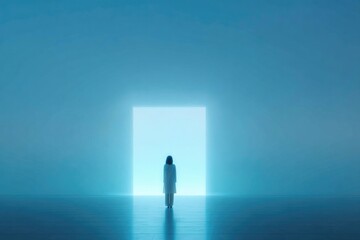 Obraz premium solitary figure stands before large untouched mirror their reflection almost perfect parallel providing serene balance