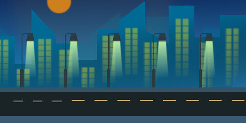 A vibrant vector illustration of a city skyline at night. The scene shows tall buildings with glowing windows against a deep blue sky. The road in the foreground adds depth to the composition.