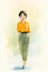 Woman yellow shirt green pants casual walking relaxed Japanese style painting