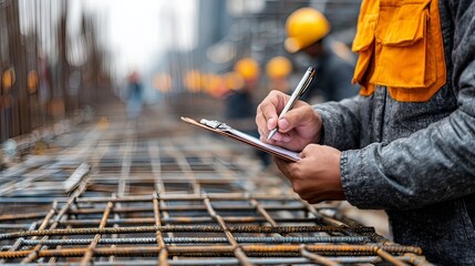 worker inspecting rebar grid while holding clipboard 