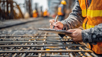 worker inspecting rebar grid while holding clipboard 