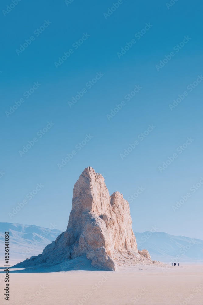 Poster solitary rock formation in vast desert setting blurred figures in background providing sense of scal