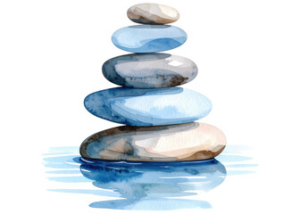 A serene watercolor painting depicting a stack of smooth, balanced zen stones with a gentle reflection, symbolizing peace, balance, and meditation.