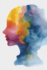 Double exposure watercolor silhouette, colorful abstract face profile, emotional, artistic style