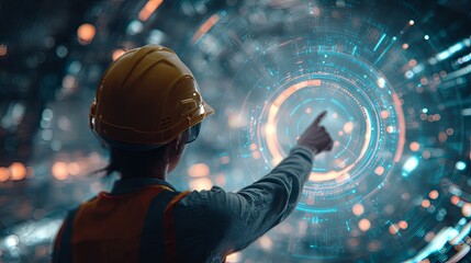 worker with hard hat pointing at digital overlay in futuristic zone