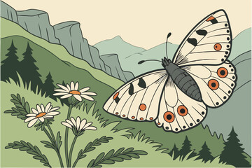 Majestic Wings: Mountain Apollo (Parnassius apollo) Butterfly Illustration