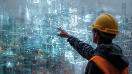 worker with hard hat pointing at digital overlay in futuristic zone