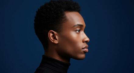 Obraz premium Side profile portrait of a young man on blue background.