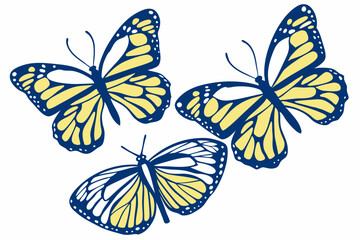 Set of Blue and Yellow Monarch Butterfly Silhouettes on White Background
