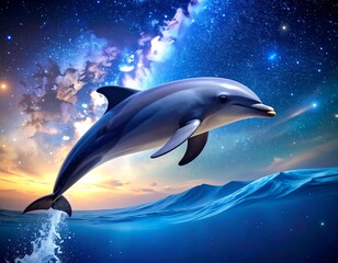Dolphin leaping into starry sky over ocean © Aku