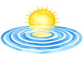 Watercolor illustration depicting a bright yellow sun reflecting on calm blue water with gentle ripples. Ideal for themes of nature, tranquility, and new beginnings.